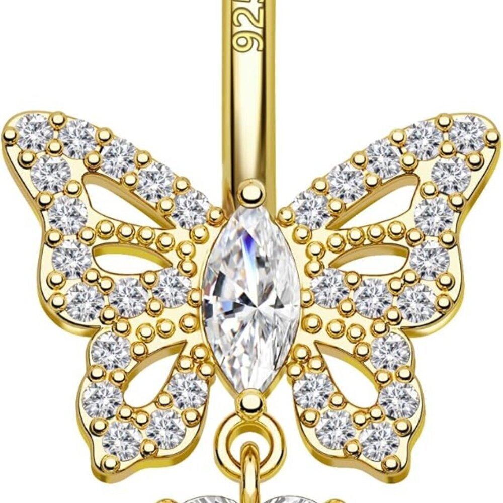 Women Belly Button Ring Sterling Silver 14K Gold Plated Butterfly Design